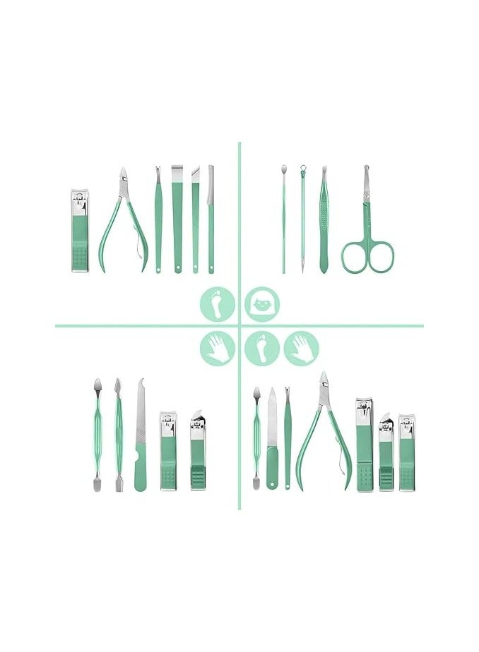 Manicure and Pedicure Set, Professional Pedicure Set for Men and Women, Stainless Steel Nail Clippers, Scissors and Shavers with Premium Leather Case, 16 in 1 (Green) - Image 3