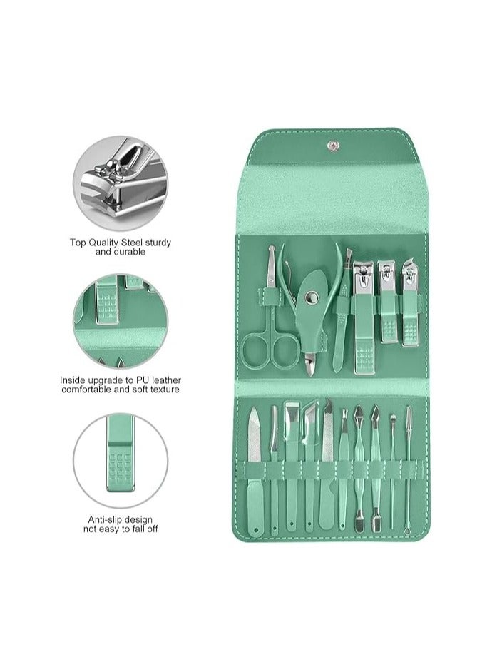 Manicure and Pedicure Set, Professional Pedicure Set for Men and Women, Stainless Steel Nail Clippers, Scissors and Shavers with Premium Leather Case, 16 in 1 (Green) - Image 4