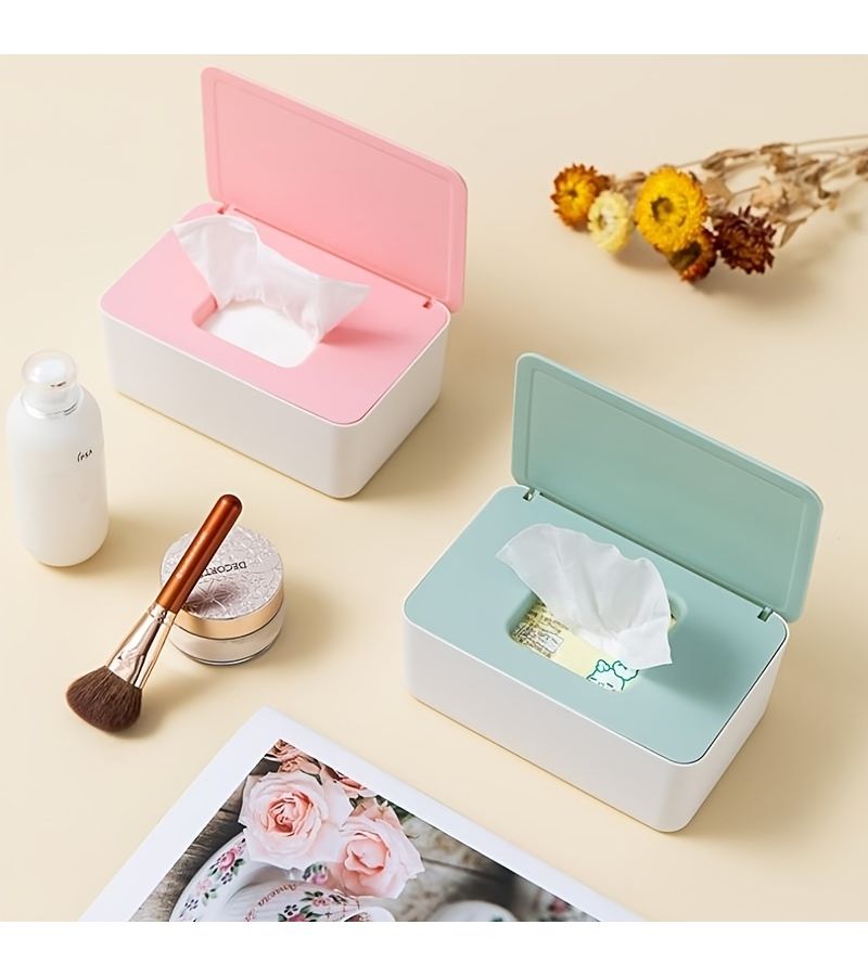 Green Cover White Box Plastic Desktop Wet Tissue Box With Lid Dustproof Seal Storage For Home Office Decor - Image 1