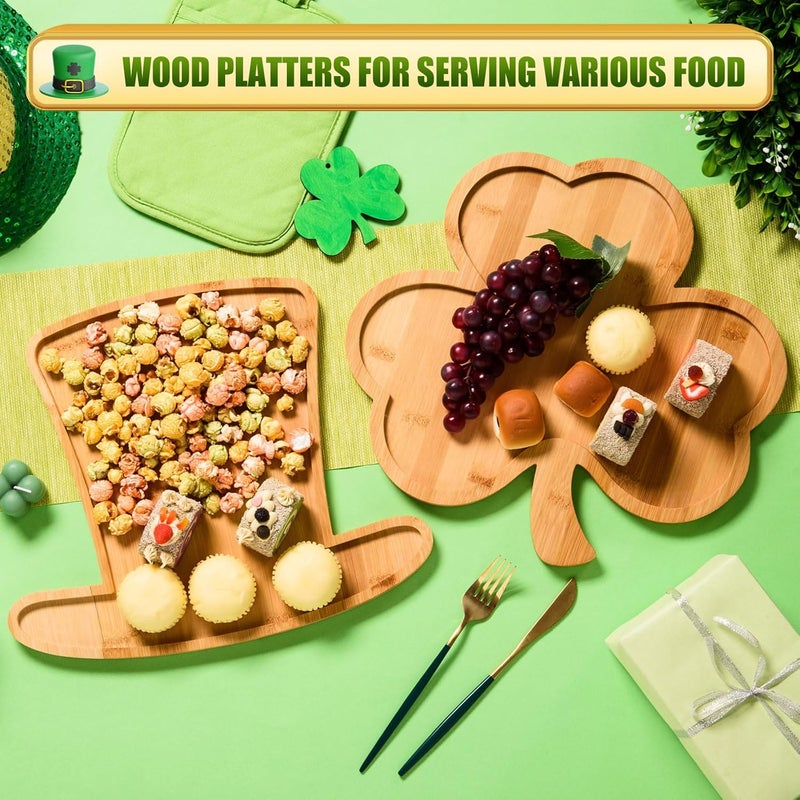 AWIZOM AWIZOM 2 Pcs St Patricks Day Serving Platters Shamrock and Leprechaun Top Hat Shaped Wooden Trays Large Bamboo Charcuterie Boards Wood Snack Cheese Dish Plates for Irish Holiday Housewarming Present - Image 3