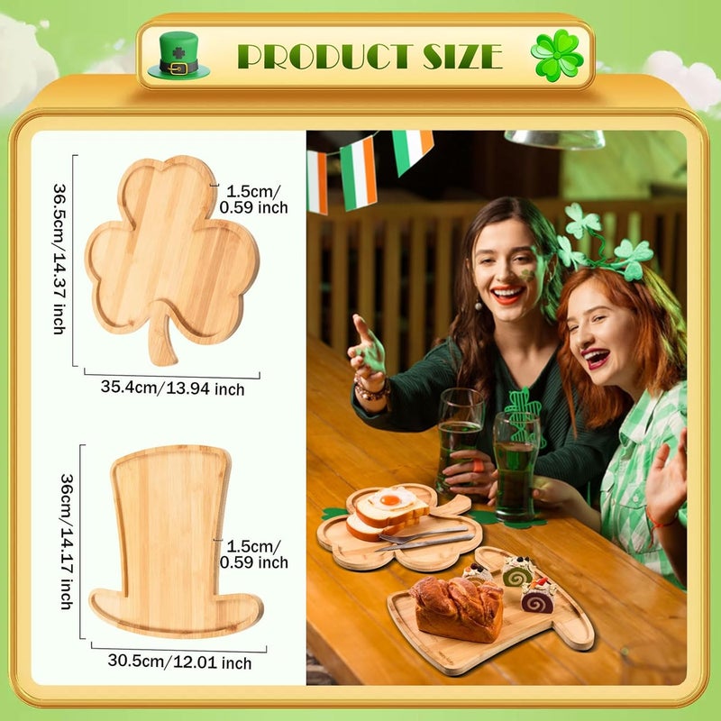 AWIZOM AWIZOM 2 Pcs St Patricks Day Serving Platters Shamrock and Leprechaun Top Hat Shaped Wooden Trays Large Bamboo Charcuterie Boards Wood Snack Cheese Dish Plates for Irish Holiday Housewarming Present - Image 2