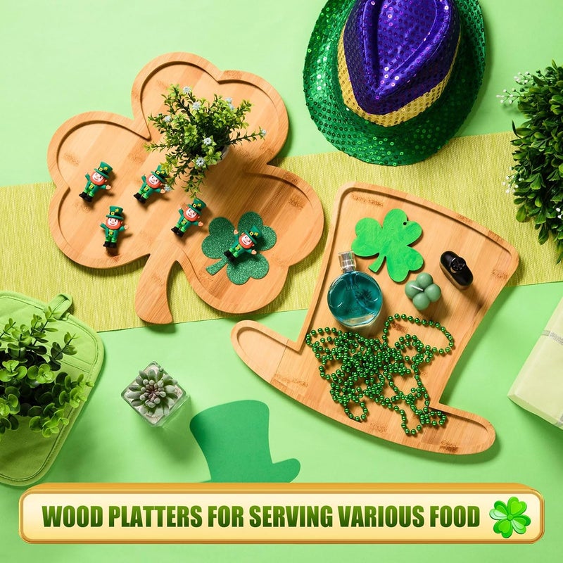 AWIZOM AWIZOM 2 Pcs St Patricks Day Serving Platters Shamrock and Leprechaun Top Hat Shaped Wooden Trays Large Bamboo Charcuterie Boards Wood Snack Cheese Dish Plates for Irish Holiday Housewarming Present - Image 4