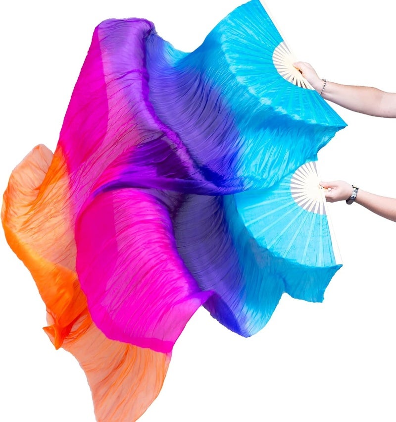 Silk Fans 180Cm Blue Purple Orange - Handmade Real Silk Belly Dance Fans With Durable 3-Line Rolled Edges - Collapsible Long Silk Veil Fans For Women Performance Wedding Halloween - Image 1