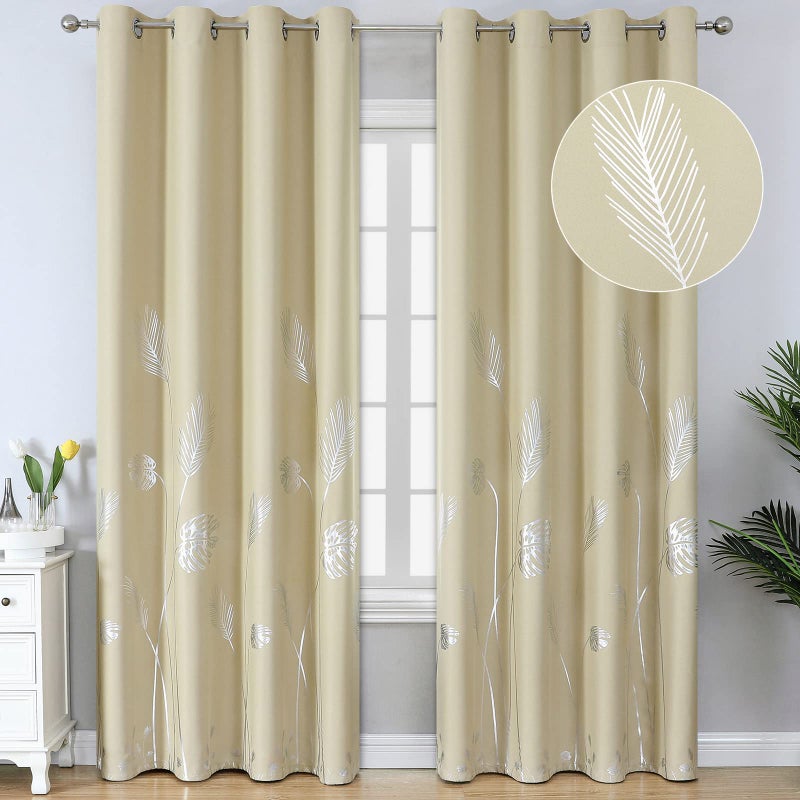 Estelar Textiler Room Darkening Curtains 84 Inches Long 2 Panels Thermal Insulated Blackout Drapes with Foil Print Silver Palm for Living Room 52Wx84L Beige