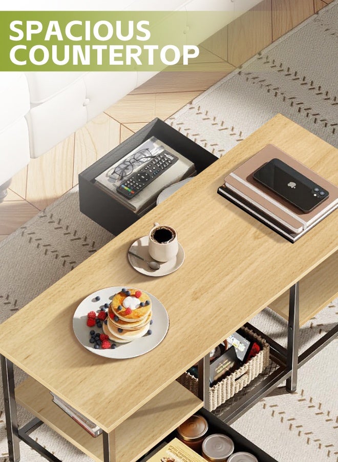 مساحة عمار طاولة قهوة مع درجين من القماش، طاولة قهوة كبيرة لغرفة المعيشة، طاولة مركزية من مستويين مع أرفف تخزين للمكتب المنزلي، لون الخشب الناعم - Image 4