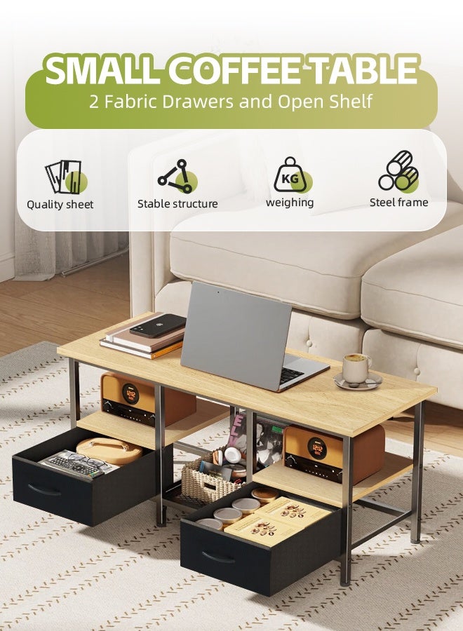 مساحة عمار طاولة قهوة مع درجين من القماش، طاولة قهوة كبيرة لغرفة المعيشة، طاولة مركزية من مستويين مع أرفف تخزين للمكتب المنزلي، لون الخشب الناعم - Image 3