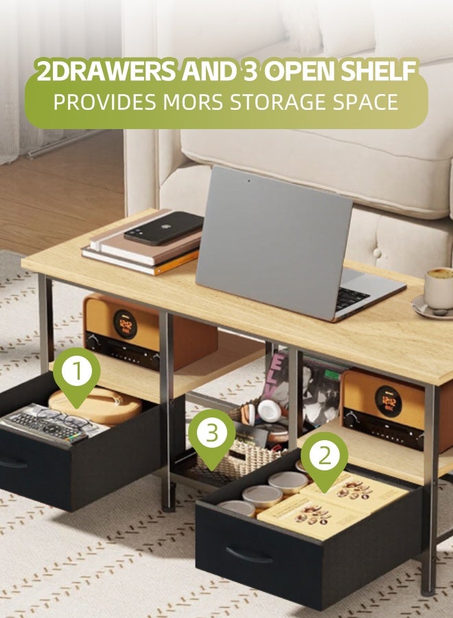 مساحة عمار طاولة قهوة مع درجين من القماش، طاولة قهوة كبيرة لغرفة المعيشة، طاولة مركزية من مستويين مع أرفف تخزين للمكتب المنزلي، لون الخشب الناعم - Image 5