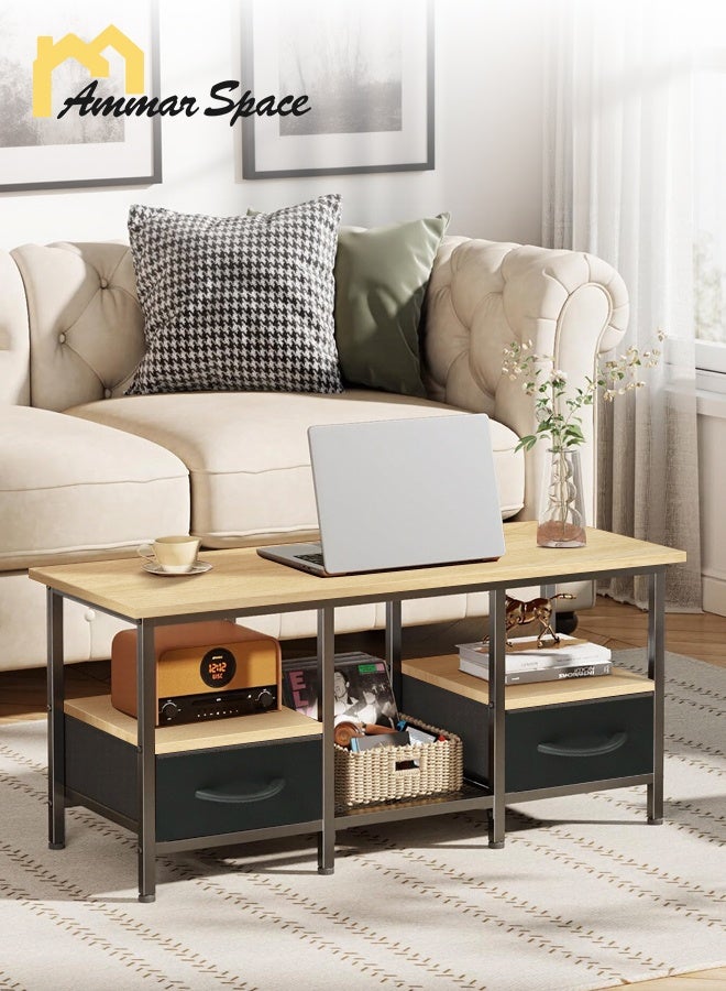 مساحة عمار طاولة قهوة مع درجين من القماش، طاولة قهوة كبيرة لغرفة المعيشة، طاولة مركزية من مستويين مع أرفف تخزين للمكتب المنزلي، لون الخشب الناعم - Image 1