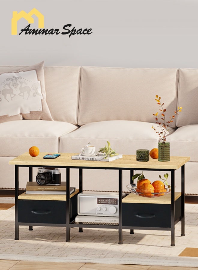 مساحة عمار طاولة قهوة مع درجين من القماش، طاولة قهوة كبيرة لغرفة المعيشة، طاولة مركزية من مستويين مع أرفف تخزين للمكتب المنزلي، لون الخشب الناعم - Image 2