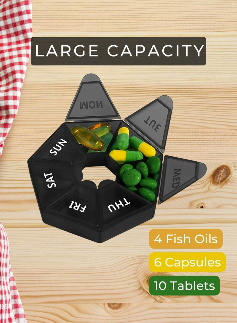 سورتيفي علبة حبوب أسبوعية لمدة 7 أيام باللون الأسود، لا تفوّت جرعتك أبدًا مع صندوق حبوب كبير، صيدلية محمولة في الجيب لأقراص الفيتامينات وكبسولات زيت السمك، تتسع لـ 10 حبات بحجم الأسبرين حزمة من 2 - Image 4