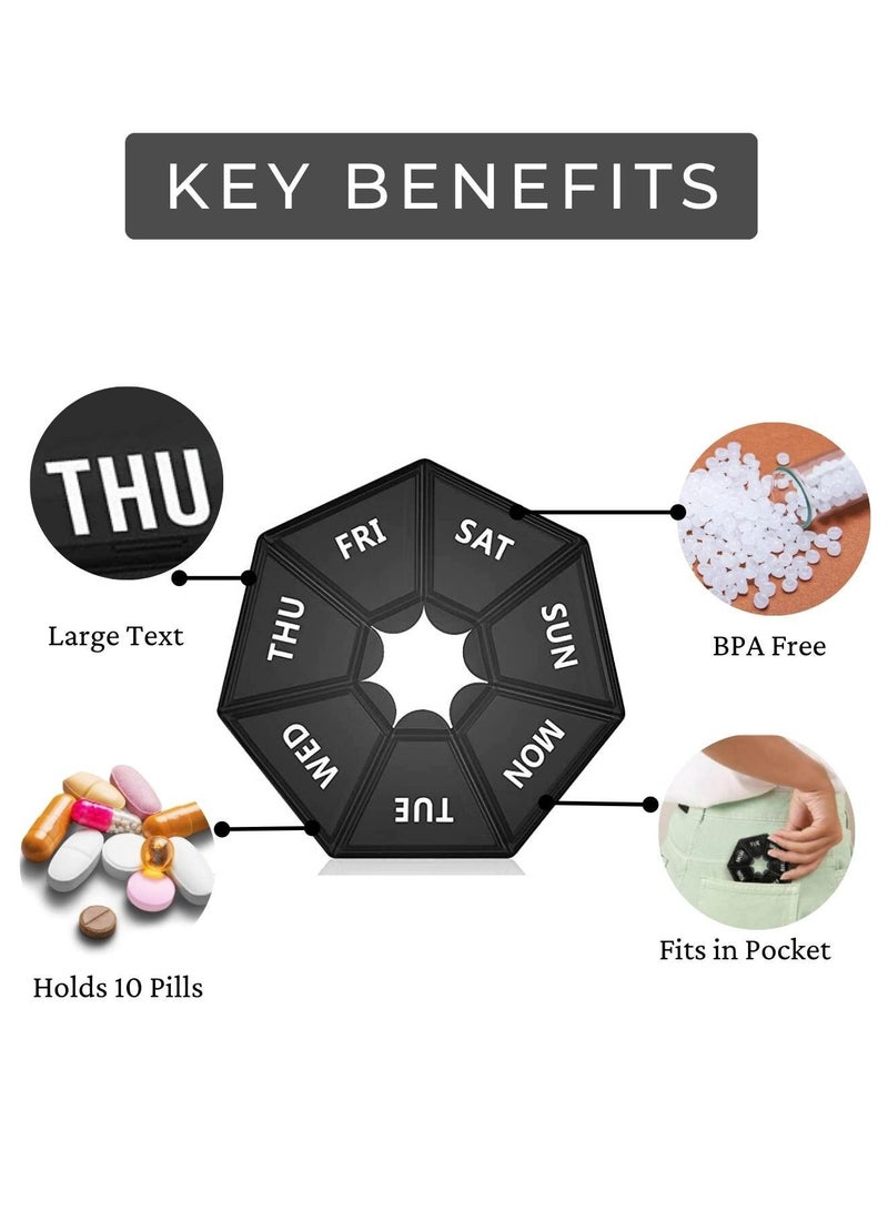 سورتيفي علبة حبوب أسبوعية لمدة 7 أيام باللون الأسود، لا تفوّت جرعتك أبدًا مع صندوق حبوب كبير، صيدلية محمولة في الجيب لأقراص الفيتامينات وكبسولات زيت السمك، تتسع لـ 10 حبات بحجم الأسبرين حزمة من 2 - Image 2