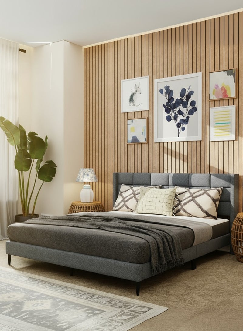 رويال أوك سرير رويالووك ويلو مبطن بحجم كوين، إطار خشبي متين، لوح رأس مبطن بقماش الكتان، تصميم عصري، سرير كوين متين - Image 1