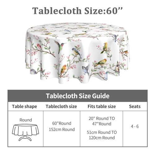 JYKCUL Spring Summer Tablecloth Round 60 Inch, Birds Branch Floral Table Cloth Washable Table Cover for Party Picnic Kitchen Dinner Decor - Image 3