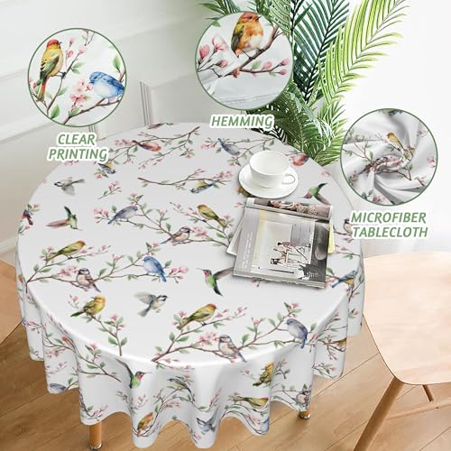 JYKCUL Spring Summer Tablecloth Round 60 Inch, Birds Branch Floral Table Cloth Washable Table Cover for Party Picnic Kitchen Dinner Decor - Image 4