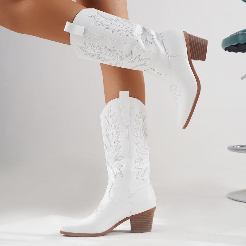 New Plus Size Boots Women High Heel High Boots White Western Denim Knight Boots - Image 3