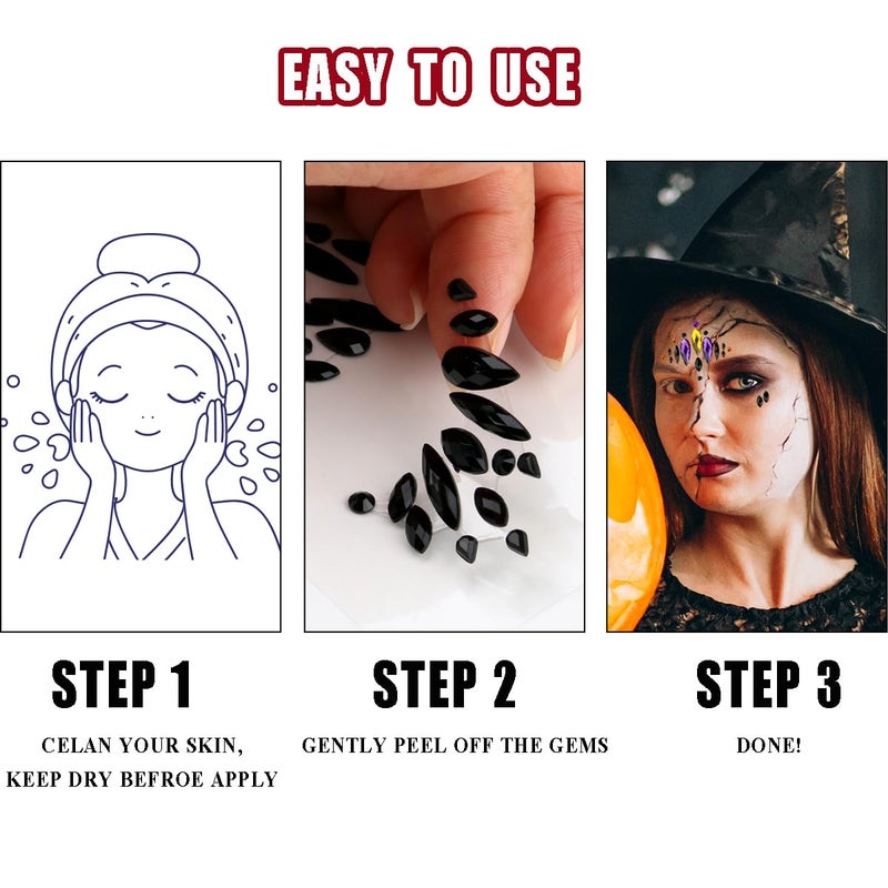 Bowitzki Face Jewels Halloween Rhinestone Stickers Self Adhesive Crystal Makeup Face Gems Stick for Festival Accessory Decorations (A) - Image 3