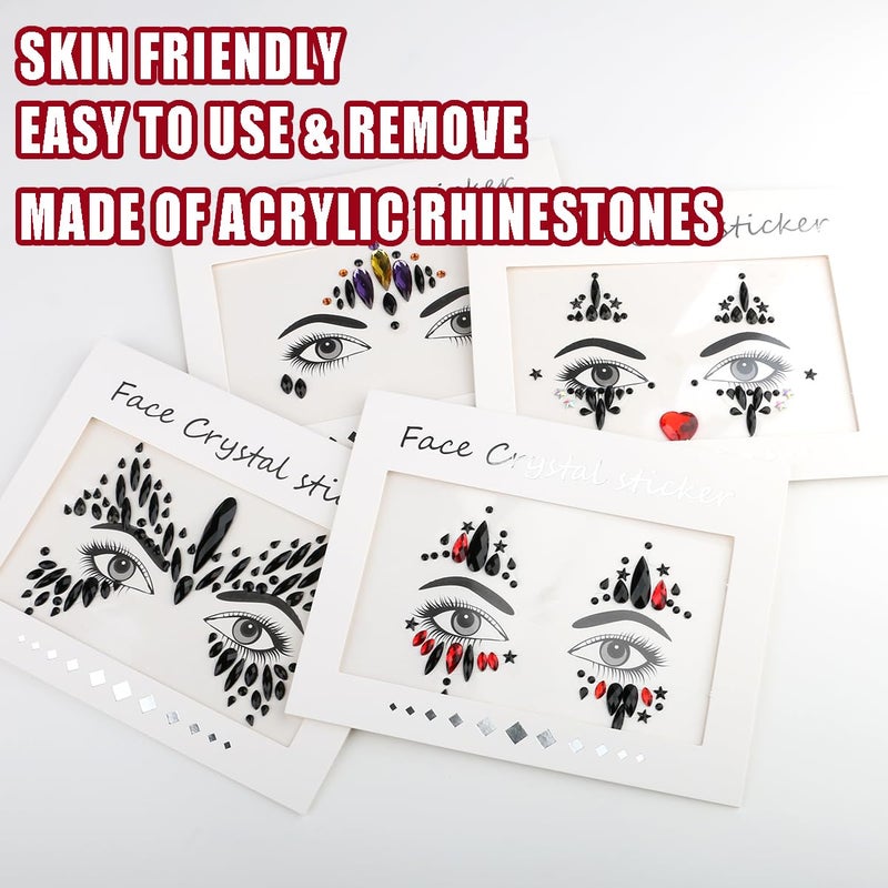 Bowitzki Face Jewels Halloween Rhinestone Stickers Self Adhesive Crystal Makeup Face Gems Stick for Festival Accessory Decorations (A) - Image 4