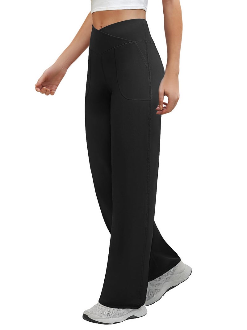 COPYLEAF Wide Leg Pants Woman Crossover Yoga Pants with Pockets Loose Stretchy Work Dress Pants Casual Lounge Sweatpants(Black L) - Image 1