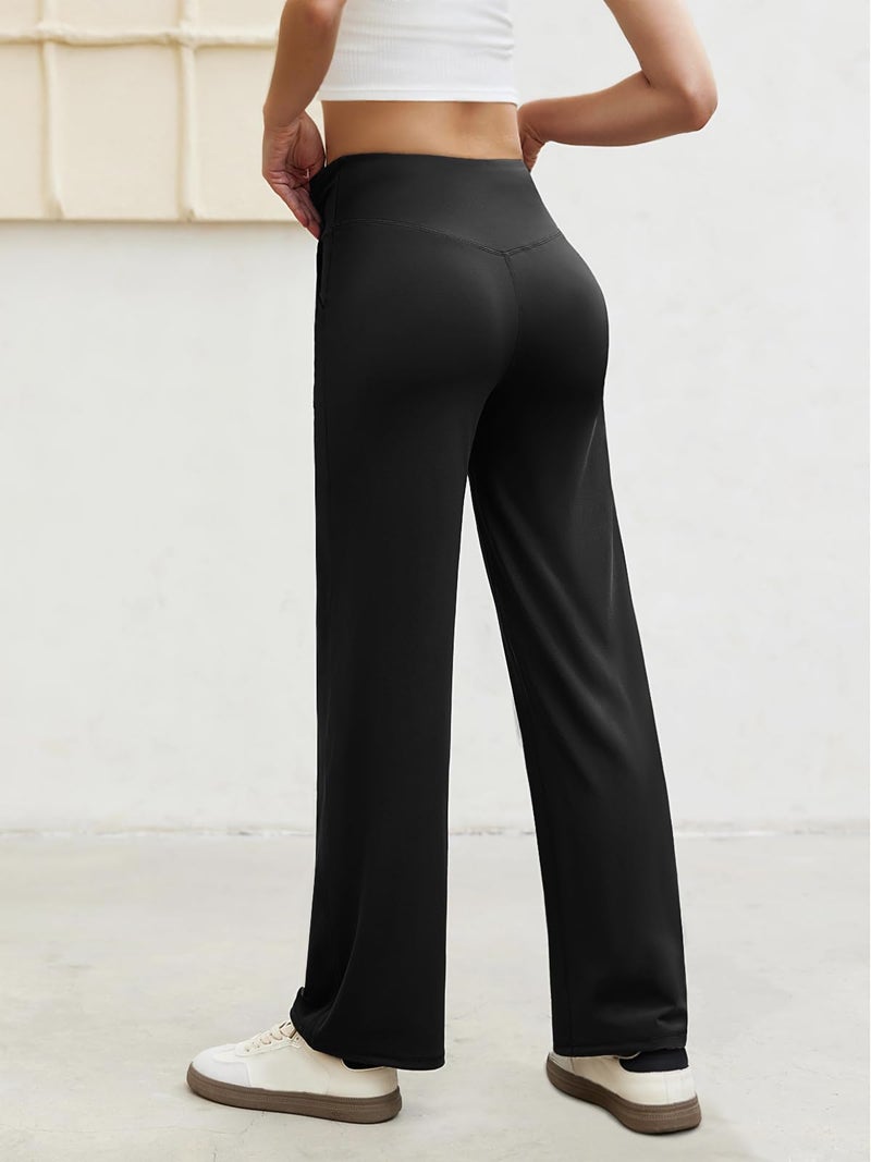 COPYLEAF Wide Leg Pants Woman Crossover Yoga Pants with Pockets Loose Stretchy Work Dress Pants Casual Lounge Sweatpants(Black L) - Image 3