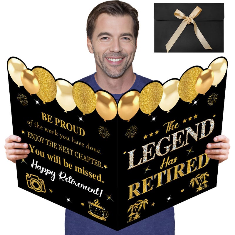 Uiorgui Retirement Card for Man Woman, Black Gold Large Retirement Card for Signing Jumbo The Legend Has Retired Guest Book Greeting Card with Envelope Retired Decorations Gift - Image 1