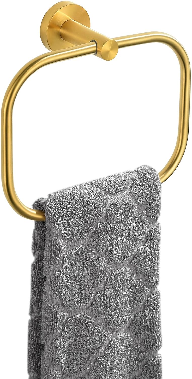 Angle Simple Square Towel Ring Brassy Gold, SUS 304 Stainless Steel Swivel Hand Towel Holder for Bathroom, Wall Mount, 7.87 Inches - Image 1