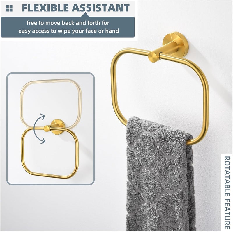 Angle Simple Square Towel Ring Brassy Gold, SUS 304 Stainless Steel Swivel Hand Towel Holder for Bathroom, Wall Mount, 7.87 Inches - Image 4