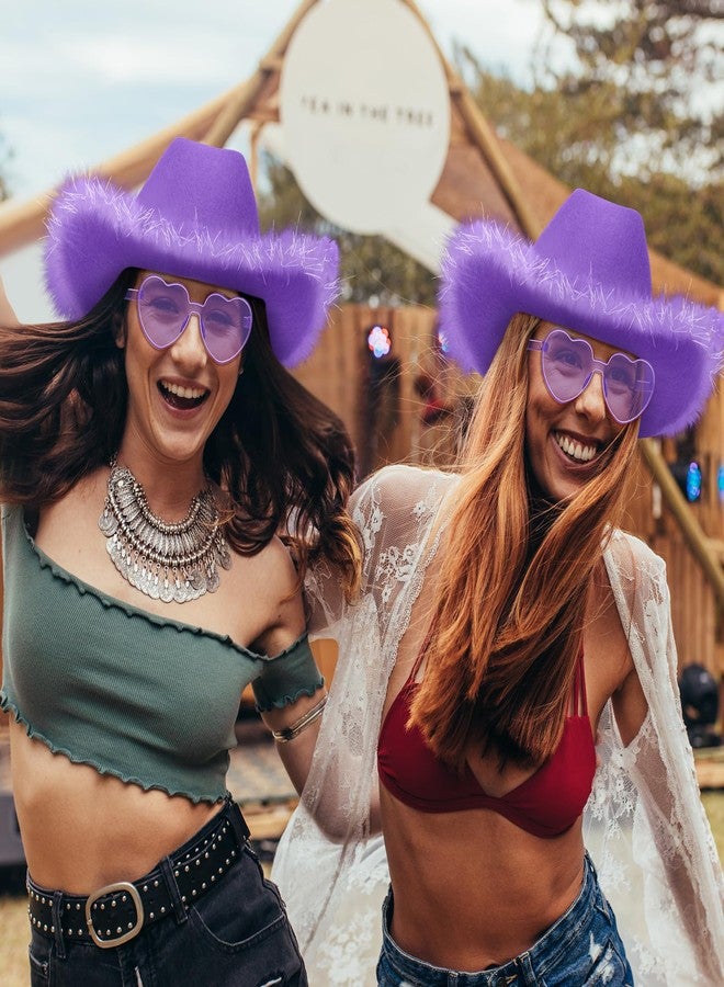 Zhanmai Cowboy Hat Cowgirl Hat with Feathers and Heart Sunglasses for Girls Bachelorette Party, Costume Party(Purple,24) - Image 4