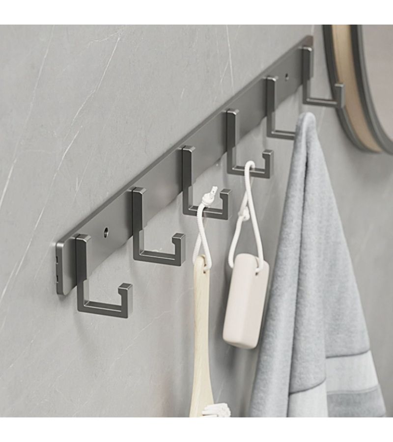 Adhesive Wall Hooks 5 Pack Gray Punch Free Towel Rack Load Bearing Bathroom Clothes Hanger Kitchen Hook - Image 1