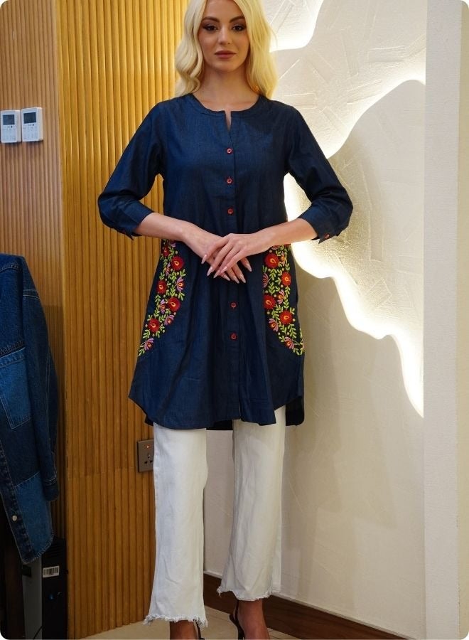 #بي فستان قصير من الدنيم المتين مع جيوب - Image 1