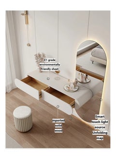 AWD Minimalist Dressing Table with Mirror and Stool, Modern-Style Wall Mounted Vanity Table with Oval Mirror Built in Lightning, Two Storage Drawers for Girl's Women's Bedroom  - Image 2