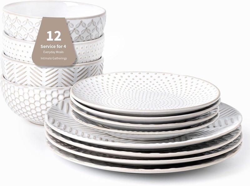 FOBENTA 12 Piece Embossed Dinnerware Sets for 4, Elegant Plates and Bowls Sets, Microwave & Dishwasher Safe, Stoneware for Stylish Home Dining–Perfect Housewarming Gift for Busy Families & Hostesses - Image 1