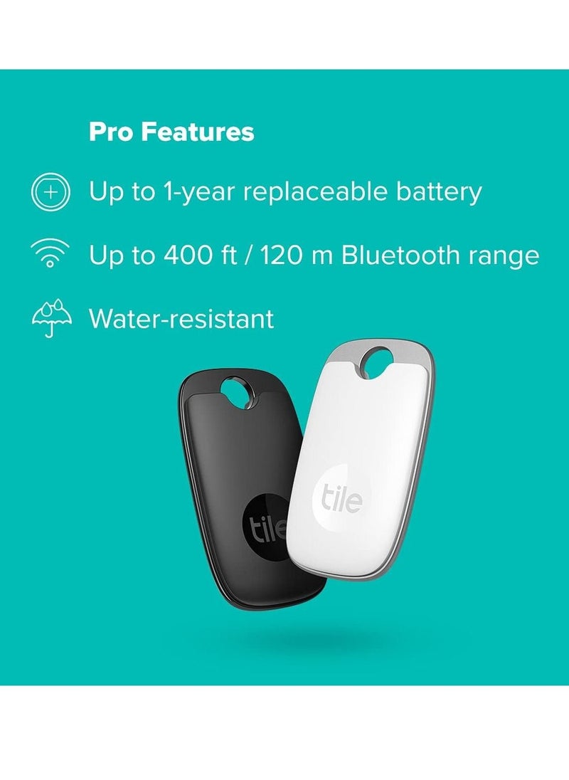 تايل - عبوة من قطعتين من Tile Pro (أسود/أبيض). جهاز تعقب بلوتوث قوي، مكتشف المفاتيح ومحدد موقع العناصر للمفاتيح والحقائب، نطاق يصل إلى 400 قدم. مقاوم للمياه. مكتشف الهاتف. متوافق مع iOS وAndroid، غطاء فقط - Image 1