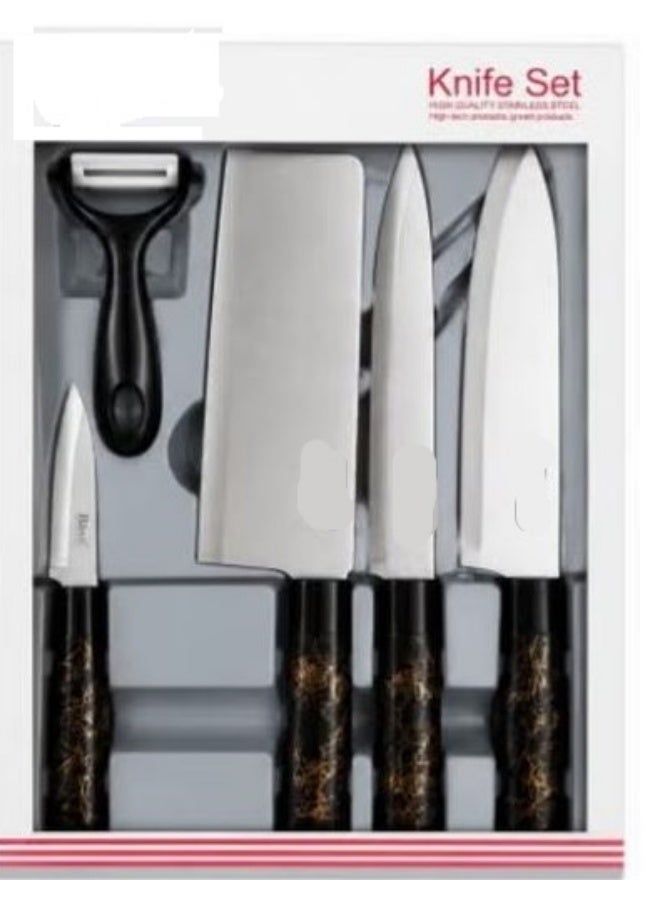 A versatile stainless steel kitchen knife set, including knives of different sizes and a practical peeler to facilitate daily chopping and preparation tasks. - Image 1