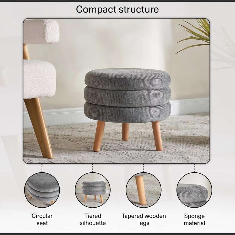 Pan Home Round Pouf With Wooden Legs - Grey - Image 5
