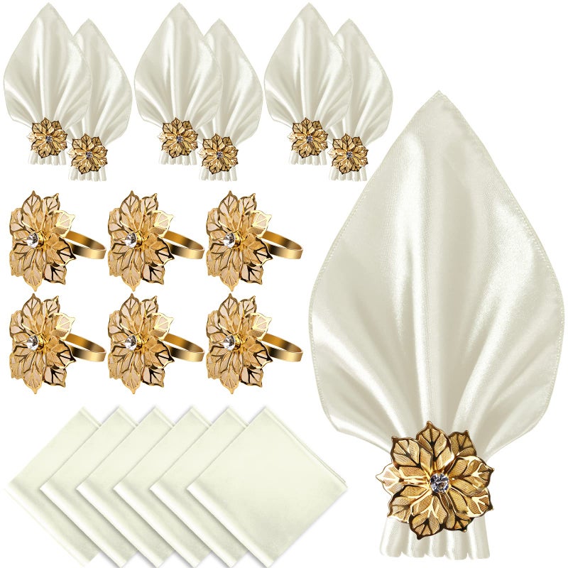 CROWN GUIDE CROWN GUIDE 12 Pack Gold Napkin Rings and Cloth Napkins Set of 6 17x17 Satin Cocktail Napkins Bulk Table Napkins Holder for Wedding Reception Personalized Napkins Bridal Shower for Party Decorative