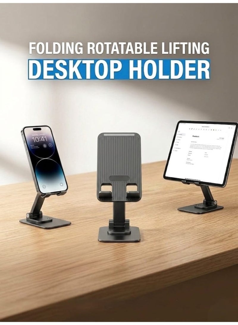 ‏Upgraded Foldable Desktop Phone Stand, 360° Rotatable Mobile Phone Holder, Height Adjustable (Extendable & Retractable) & Angle Adjustable Desk Cradle, Tablet Mount for 4-12.9 Inch Devices, Heavy Duty Carbon Steel & Aluminum Alloy Phone Base, High Stand for Live Streaming, Studying, and Remote Work, Non-Slip Stable Base with Charging Port Access, Portable Travel Phone Stand for Neck & Back Relief, Desk Accessories Compatible with iPhone - Image 1