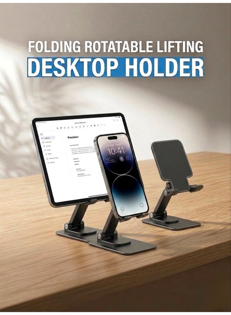 ‏Upgraded Foldable Desktop Phone Stand, 360° Rotatable Mobile Phone Holder, Height Adjustable (Extendable & Retractable) & Angle Adjustable Desk Cradle, Tablet Mount for 4-12.9 Inch Devices, Heavy Duty Carbon Steel & Aluminum Alloy Phone Base, High Stand for Live Streaming, Studying, and Remote Work, Non-Slip Stable Base with Charging Port Access, Portable Travel Phone Stand for Neck & Back Relief, Desk Accessories Compatible with iPhone - Image 3