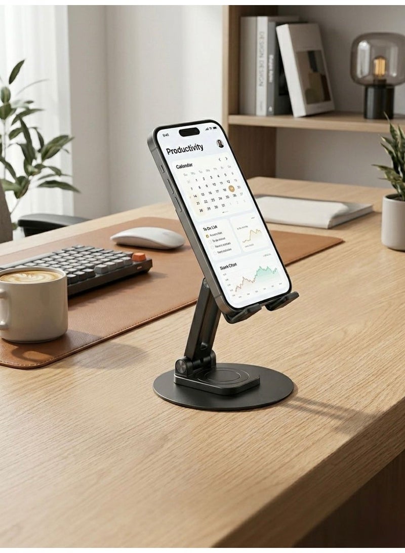 ‏Upgraded Foldable Desktop Phone Stand, 360° Rotatable Mobile Phone Holder, Height Adjustable (Extendable & Retractable) & Angle Adjustable Desk Cradle, Tablet Mount for 4-12.9 Inch Devices, Heavy Duty Carbon Steel & Aluminum Alloy Phone Base, High Stand for Live Streaming, Studying, and Remote Work, Non-Slip Stable Base with Charging Port Access, Portable Travel Phone Stand for Neck & Back Relief, Desk Accessories Compatible with iPhone - Image 5