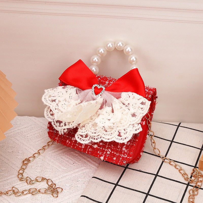 Princess Pearl Chain Bag Cute Bow Girls Crossbody love bow red