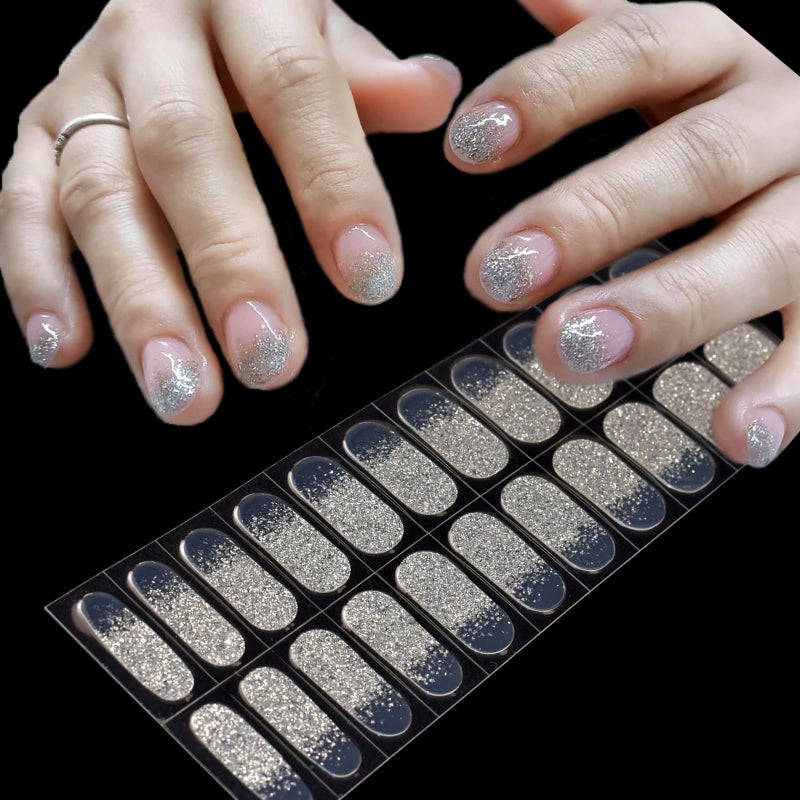 LIFOOST Shimmery Gel Nail Strips Silvery French Tip Clear Gel Nail Art Stickers 20 ExtraLong Glitter Manicure Wraps