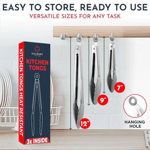 Culinary Couture Kitchen Tongs for Cooking with Silicone Tips, Heat Resistant Tongs for Serving Food, 7-Inch, 9-Inch, 12-Inch Locking Silicone Tong, Set of 3 Salad Tong, Grey Kitchen Utensils - Image 2