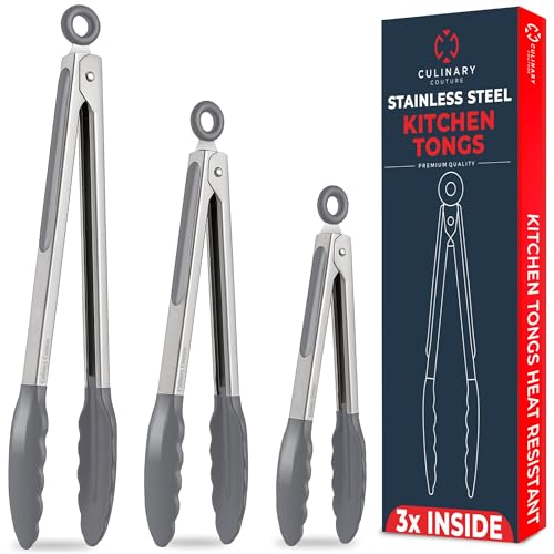 Culinary Couture Kitchen Tongs for Cooking with Silicone Tips, Heat Resistant Tongs for Serving Food, 7-Inch, 9-Inch, 12-Inch Locking Silicone Tong, Set of 3 Salad Tong, Grey Kitchen Utensils - Image 1