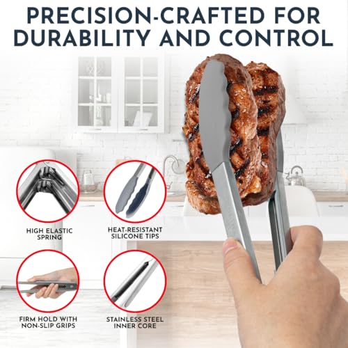 Culinary Couture Kitchen Tongs for Cooking with Silicone Tips, Heat Resistant Tongs for Serving Food, 7-Inch, 9-Inch, 12-Inch Locking Silicone Tong, Set of 3 Salad Tong, Grey Kitchen Utensils - Image 3