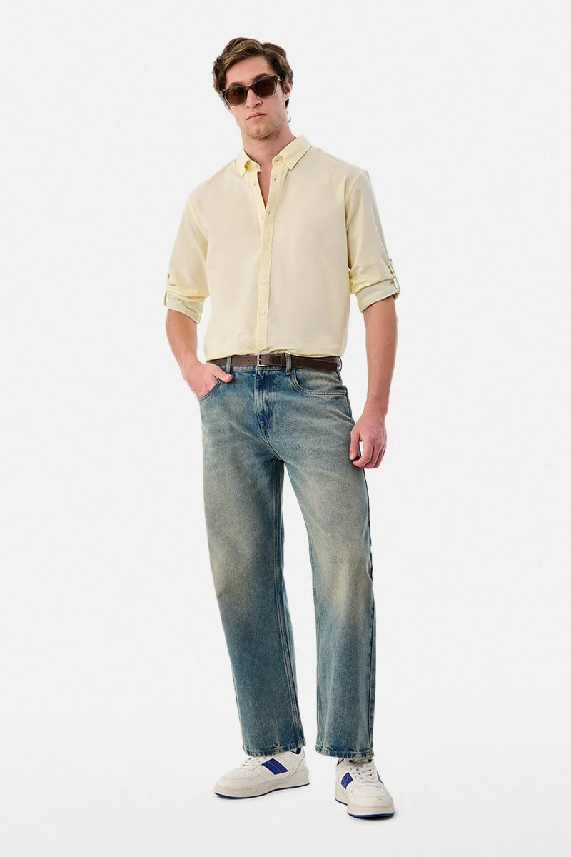 سنيتش Light Yellow Solid Long Sleeve Regular Fit Shirt