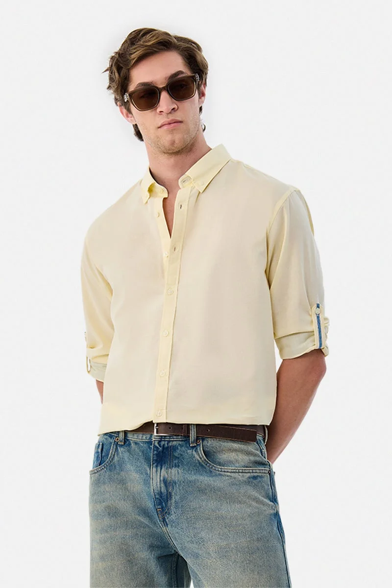 سنيتش Light Yellow Solid Long Sleeve Regular Fit Shirt