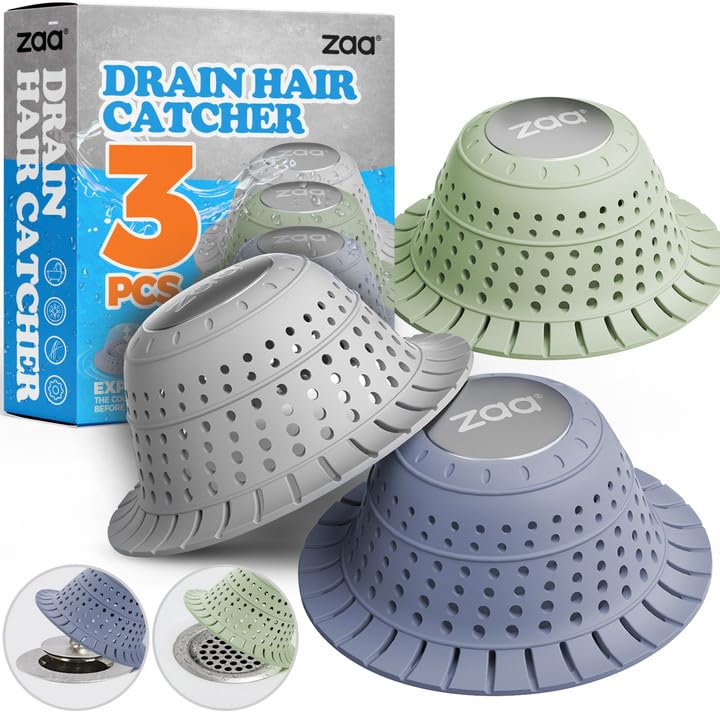 zaa Bathtub Drain Hair Catcher Silicone Collapsible 3 Pack Drain Protector for PopUp and Regular Drains of Shower Bathtub Tub Bathroom Sink Green Grey Blue