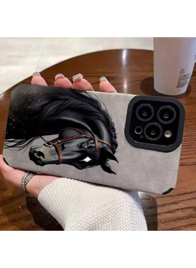 iPhone 12 Pro Cover, A Personalized Black Horse-Themed Protective Phone Case Suitable for iPhone 12 Pro, Grey Color. - Image 4