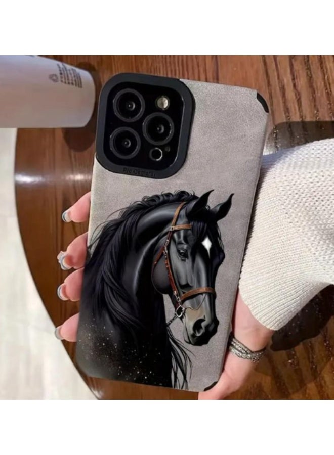 iPhone 12 Pro Cover, A Personalized Black Horse-Themed Protective Phone Case Suitable for iPhone 12 Pro, Grey Color. - Image 3
