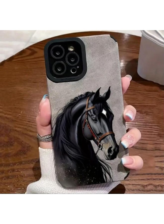 iPhone 12 Pro Cover, A Personalized Black Horse-Themed Protective Phone Case Suitable for iPhone 12 Pro, Grey Color. - Image 1