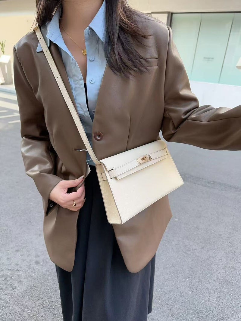 Textured Messenger Bag Genuine Leather Vintage Kelly Bag For Women High-Grade Versatile Underarm Bag Commuter Messenger Bag - Image 1